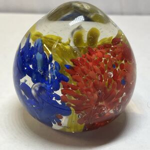 Vintage Hand Blown Art Glass Paperweight Murano Yellow Orange Blue